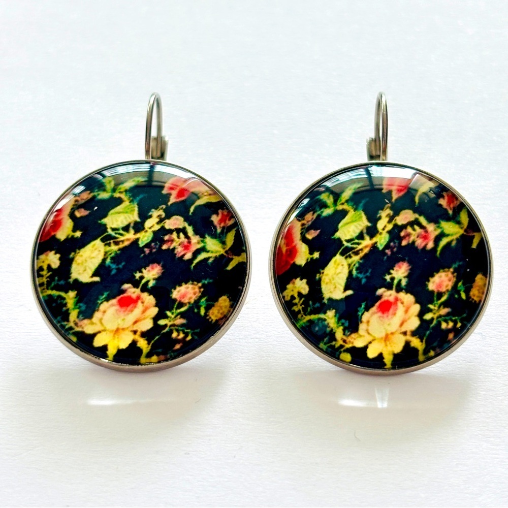 Dark Floral Print Stainless Steel French Clasp Earrings, 25mm, NWT